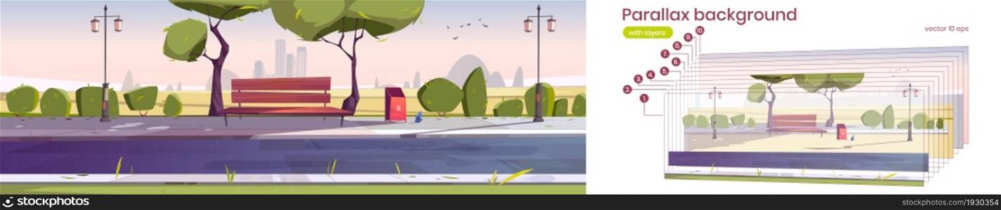 Parallax background city park with bench at early morning. Summer or spring scenery cityscape. Cartoon urban 2d landscape with outddor public garden separated layers for game scene Vector illustration. Parallax background city park bench at morning