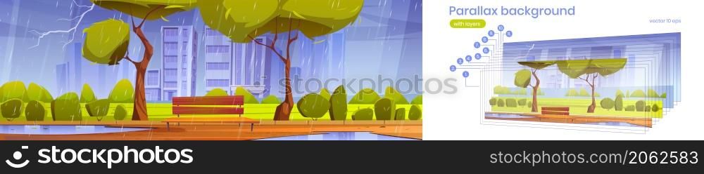 Parallax background city park with bench at rainy weather, summer or spring rain with lightnings 2d cityscape with parkland and skyscrapers separated layers, for game animation, Vector illustration. Parallax background city park with bench at rain