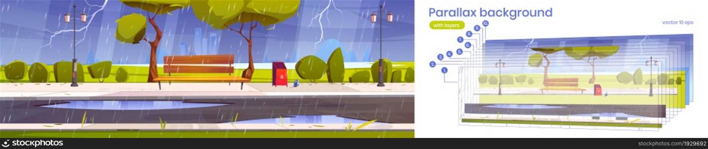 Parallax background city park with bench at rainy weather, summer or spring rain scenery cityscape. Cartoon urban 2d landscape with public garden separated layers for game scene, Vector illustration. Parallax background city park with bench at rain