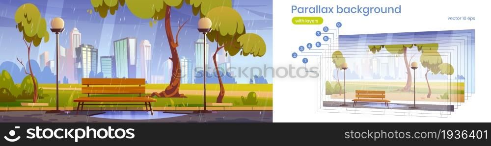 Parallax background city park with bench at summer or spring rain. Cartoon urban 2d cityscape, public garden landscape with separated layers for game scene, scenery rainy weather, Vector illustration. Parallax background city park with bench at rain