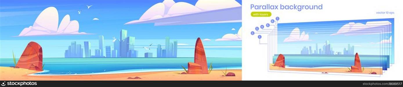 Parallax background city skyline architecture at waterfront bay view from sea beach. Modern megapolis with skyscraper buildings, separated layers for 2d game animation, Cartoon vector illustration. Parallax background city skyline architecture