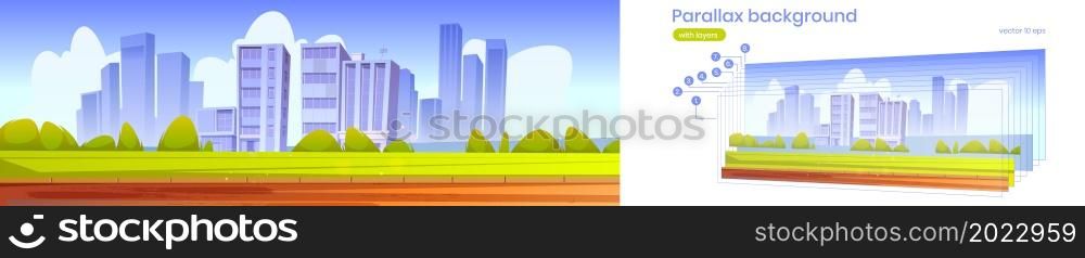 Parallax background city skyline, summer urban view with skyscrapers and green lawn. 2d summertime cityscape with separated layers for game animation, downtown architecture, Vector illustration. Parallax background city skyline summer urban view