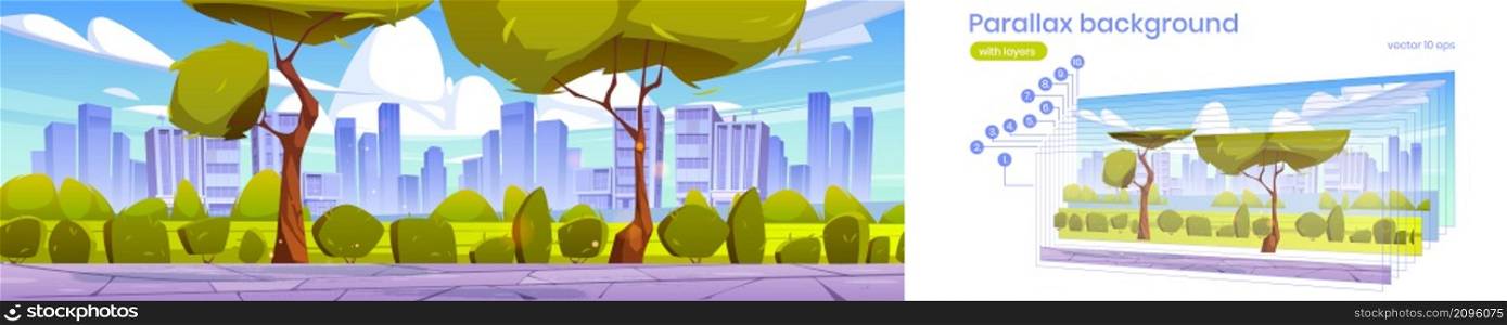 Parallax background city skyline, summer urban view with skyscrapers, green lawn, trimmed bushes and trees along pathway. 2d cityscape with separated layers for game animation, Vector illustration. Parallax background city skyline summer urban view