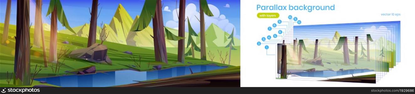 Parallax background coniferous forest with lake and mountains. Nature 2d landscape with pond in deep wood. Cartoon summer nature scenery view with separated layers for game scene. Vector illustration. Parallax background coniferous forest with lake