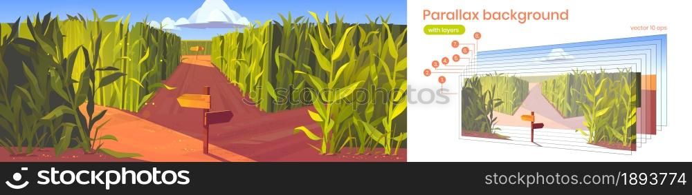 Parallax background cornfield with wooden road pointers and high green plant stems. Cartoon scenery nature 2d landscape with separated layers for game scene. Labyrinth, maze scene Vector illustration. Parallax background cornfield with road pointers