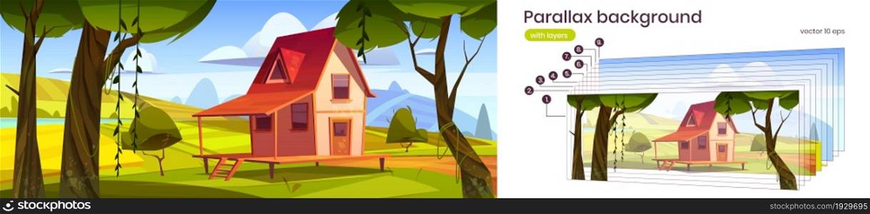 Parallax background cottage at summer 2d landscape, wooden house on stilts on green field with forest trees around. Cartoon nature scenery view with separated layers game scene, Vector illustration. Parallax background cottage at summer 2d landscape