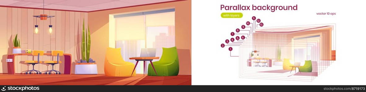 Parallax background coworking or home office interior, room for working with pc desk, chairs, large window. Area for freelance or business 2d game animation layers, Cartoon vector illustration. Parallax background coworking or home office 2d