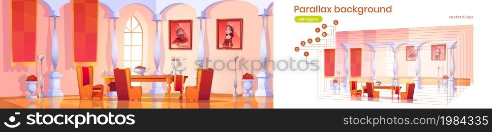 Parallax background dining room interior in royal castle with feast table, candles and king or queen portraits separated layers. Banquet hall in medieval palace game 2d animation, Vector illustration. Parallax background dining room interior in castle