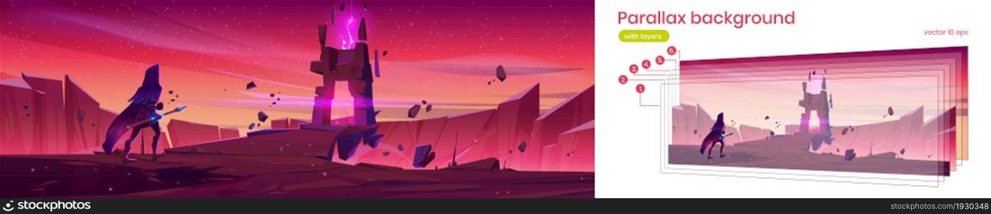 Parallax background fantasy stranger at magic portal on mountain cliff with flying rocks around, 2d alien or fairy tale nature landscape. Cartoon game character at fantastic view with separated layers. Parallax background fantasy stranger magic portal