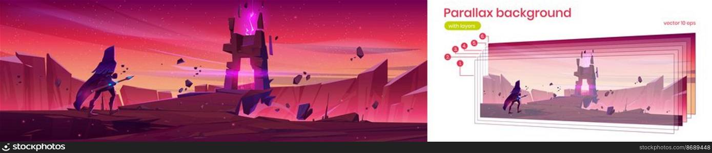 Parallax background fantasy stranger at magic portal on mountain cliff with flying rocks around, 2d alien or fairy tale nature landscape. Cartoon game character at fantastic view with separated layers. Parallax background fantasy stranger magic portal