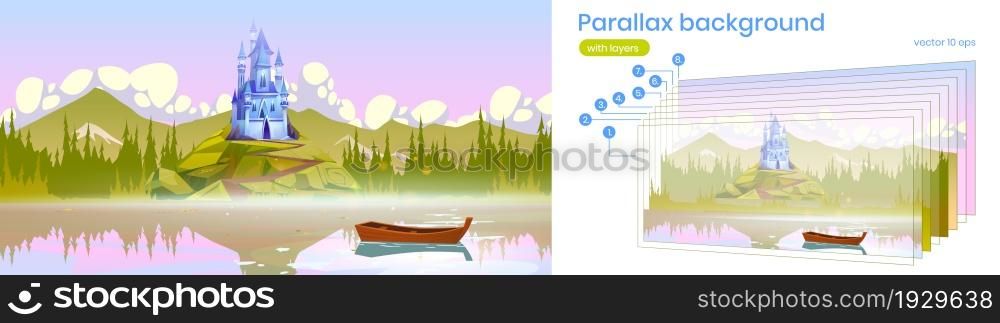 Parallax background for game magic castle on mountain top near the river with boat on water surface 2d nature landscape. Cartoon fantasy palace scenery view with separated layers, Vector illustration. Parallax background for game magic castle on rock
