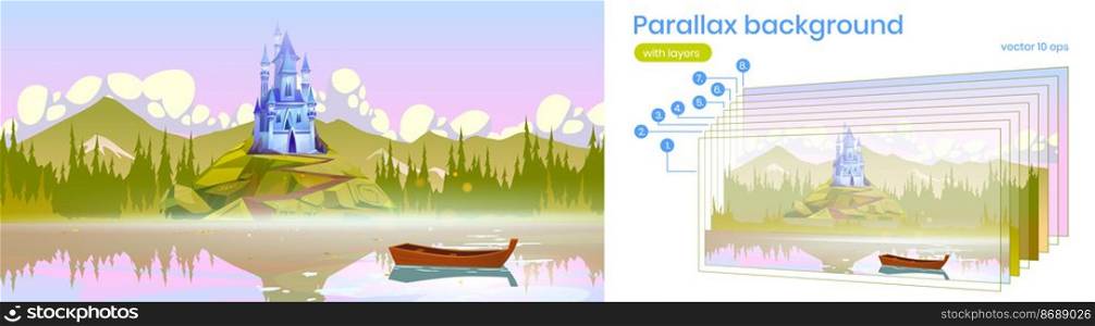 Parallax background for game magic castle on mountain top near the river with boat on water surface 2d nature landscape. Cartoon fantasy palace scenery view with separated layers, Vector illustration. Parallax background for game magic castle on rock