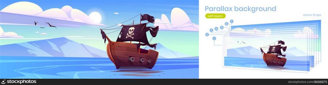 Parallax background for game, pirate ship in sea, filibusters battleship with black sails, flag and jolly roger floating on ocean water surface with mountains and blue sky, Cartoon vector illustration. Parallax background for game, pirate ship in sea