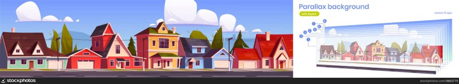 Parallax background for game suburb houses, suburban street with residential cottages 2d cityscape. Cartoon countryside buildings scene with separated layers, graphic animation Vector illustration. Parallax background for game suburb houses scene