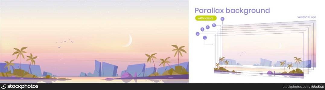 Parallax background for game tropical island at early morning, calm sea and palm trees under pink cloudy sky, ocean water surface and birds in dawn heaven. Beautiful nature cartoon vector 2d landscape. Parallax background with tropical island morning