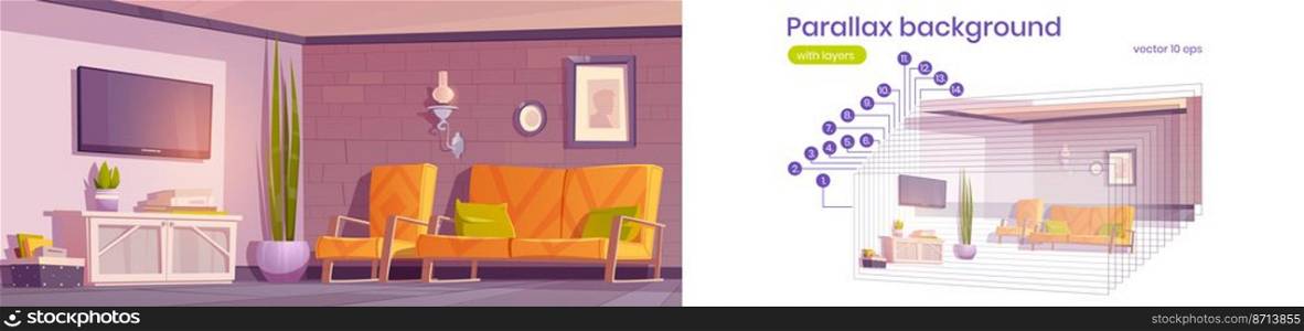 Parallax background for game with living room interior in eco rustic or minimal loft style. 2d cartoon apartment with tv set and wooden furniture armchair or sofa separated layers, Vector illustration. Parallax background living room in minimal style