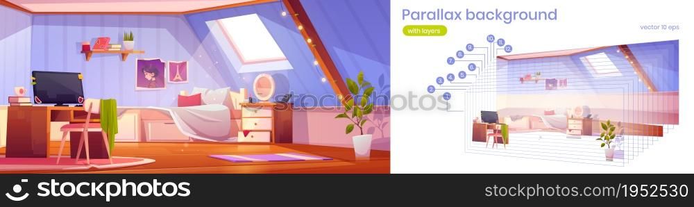 Parallax background girl bedroom interior on attic. Teenager mansard room with unmade bed, window, workspace with computer. Cartoon 2d separated layers for game animation scene, Vector illustration. Parallax background girl bedroom interior on attic