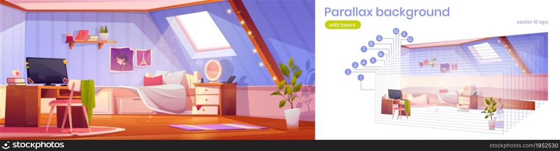 Parallax background girl bedroom interior on attic. Teenager mansard room with unmade bed, window, workspace with computer. Cartoon 2d separated layers for game animation scene, Vector illustration. Parallax background girl bedroom interior on attic