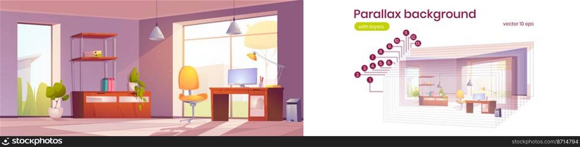 Parallax background home office interior, room for working with pc desk front of large window. Area for freelance or business 2d game animation layers, iu sidescroller, Cartoon vector illustration. Parallax background home office interior, room