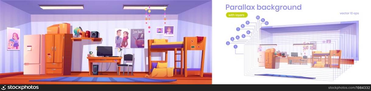 Parallax background hostel or student dormitory, living room 2d interior, apartment with bunk bed, refrigerator, wardrobe, desk with pc with separated layers for game animation, Vector illustration. Parallax background hostel or student dormitory