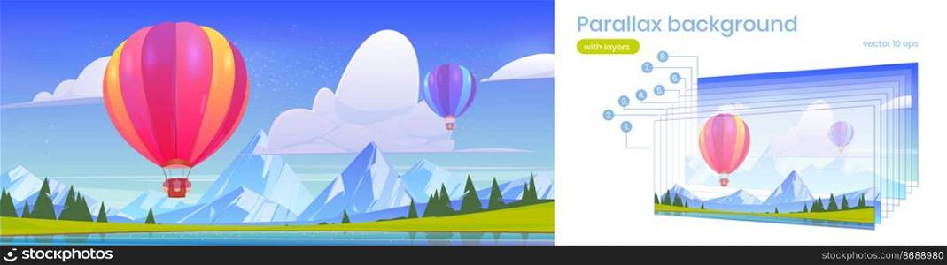 Parallax background hot air balloons flying in blue sky above mountains valley with pond and field. Scenery nature summer landscape with separated layers for game animation, Cartoon 2d vector scene. Parallax background hot air balloons flying in sky