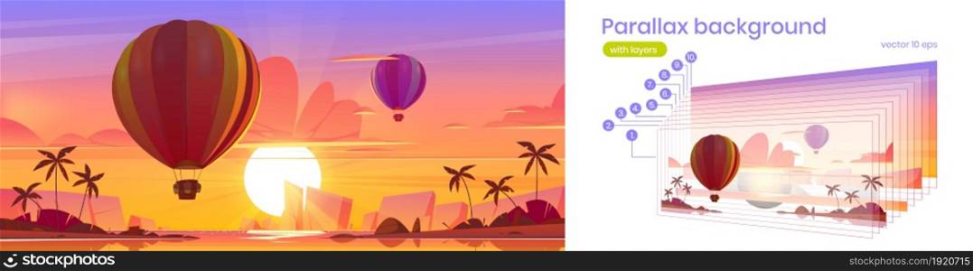 Parallax background hot air balloons flying in dusk sky above tropical island with palms in ocean. Scenery nature summer landscape with separated layers for game animation, Cartoon 2d vector scene. Parallax background hot air balloons flying in sky