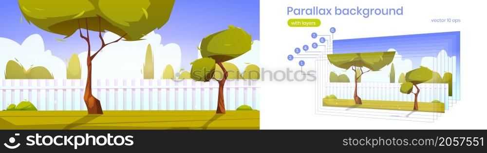 Parallax background house backyard with green trees, bushes, grass lawn and white wooden fence. Summer cottage garden landscape, patio with separated layers for 2d game animation, Vector illustration. Parallax background house backyard with trees