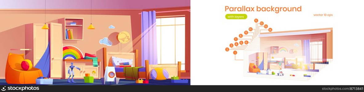 Parallax background kids bedroom for 2d game animation. Child room indoors with bed with pillows, cabinet, toys and bean bag chair, wooden furniture. Cozy vector interior for boy, separated layers. Parallax background kids bedroom, 2d game vector