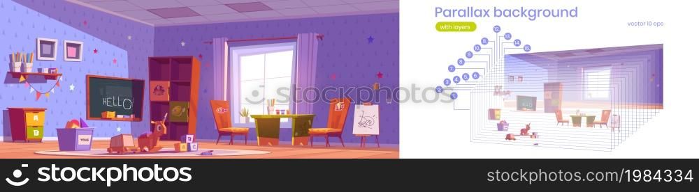 Parallax background kids playroom 2d interior. Nursery room with montessori toys, furniture, shelves and equipment for games and studying, separated layers, for game animation, Vector illustration. Parallax background kids playroom 2d interior