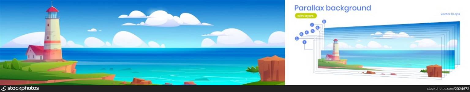 Parallax background lighthouse on sea shore. Beacon building at ocean landscape with blue water and rocky coast under cloudy sky, separated layers for 2d game animation, Cartoon vector illustration. Parallax background lighthouse on sea shore, 2d
