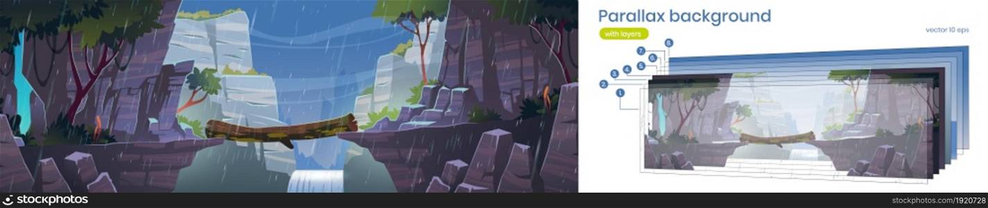 Parallax background log bridge between mountains above cliff at rainy weather. 2d landscape, beautiful nature cartoon scenery view, game animation with separated layers template, Vector illustration. Parallax background log bridge between mountains