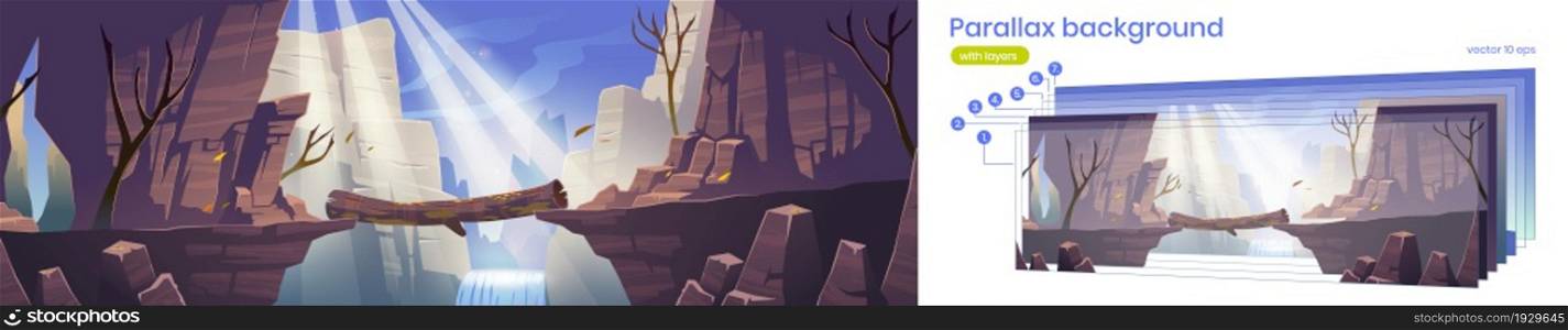 Parallax background log bridge between mountains above cliff in rock peaks 2d landscape with waterfall and trees. Beautiful nature cartoon view with separated layers for game scene Vector illustration. Parallax background log bridge between mountains