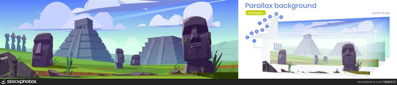 Parallax background Moai statues and pyramids 2d landscape for game, Easter Island republic of Chile travel famous landmarks and nature. Cartoon scene with monuments, separated Vector animation layers. Parallax background Moai statues and pyramids