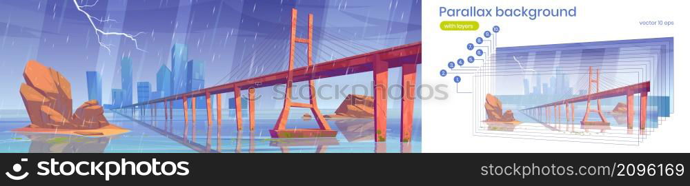 Parallax background modern city at storm, urban skyline view with low-water bridge, metropolis cityscape with skyscraper buildings, separated layers, for 2d game animation, Cartoon vector illustration. Parallax background modern city at storm weather