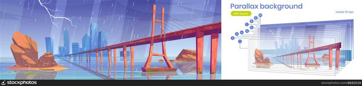 Parallax background modern city at storm, urban skyline view with low-water bridge, metropolis cityscape with skyscraper buildings, separated layers, for 2d game animation, Cartoon vector illustration. Parallax background modern city at storm weather