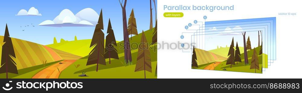 Parallax background, nature rural landscape, cartoon 2d scene with dirt road going along green field with conifers trees and blue sky. Scenery summer forest, separated layers vector illustration. Parallax background cartoon nature rural landscape