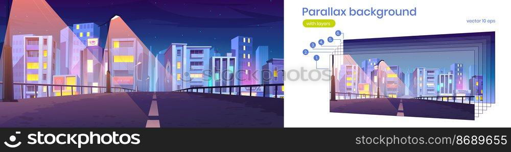 Parallax background night city bridge view with glowing street l&s and skyscrapers. Urban architecture, infrastructure, buildings, separated layers for 2d game animation, Cartoon vector illustration. Parallax background night city bridge view, layers