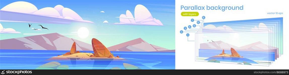 Parallax background ocean or sea nature 2d landscape with shallow or land with rocks under fluffy clouds and gulls flying in sky. Seascape with separated layers for game, Cartoon vector illustration. Parallax background ocean or sea nature landscape