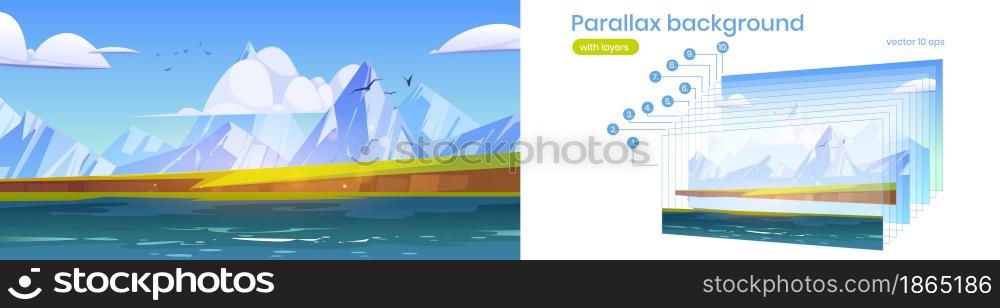 Parallax background, ocean or sea view with mountains and gulls in cloudy sky. Scenery nature landscape with separated layers. Summer seascape ui interface for animation, Cartoon vector illustration. Parallax background, ocean or sea view, mountains