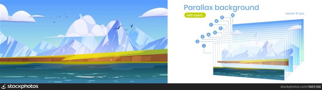Parallax background, ocean or sea view with mountains and gulls in cloudy sky. Scenery nature landscape with separated layers. Summer seascape ui interface for animation, Cartoon vector illustration. Parallax background, ocean or sea view, mountains