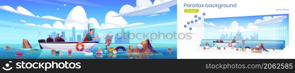 Parallax background ocean polluted water cleanup, man on wooden boat cleaning sea surface, catch garbage with skip at city skyline, separated layers for 2d game animation, Cartoon vector illustration. Parallax background ocean polluted water cleanup