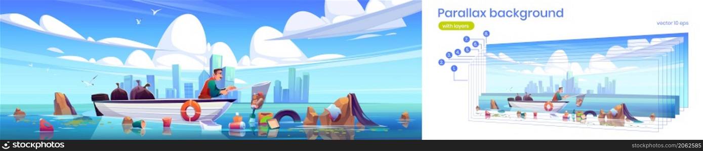 Parallax background ocean polluted water cleanup, man on wooden boat cleaning sea surface, catch garbage with skip at city skyline, separated layers for 2d game animation, Cartoon vector illustration. Parallax background ocean polluted water cleanup