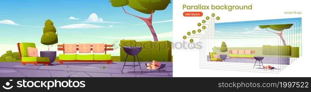 Parallax background patio, village cottage house courtyard, outdoor area with comfortable soft armchair, sofa, barbecue machine and woods separated layers for 2d game animation, Vector illustration. Parallax background patio, cottage house courtyard