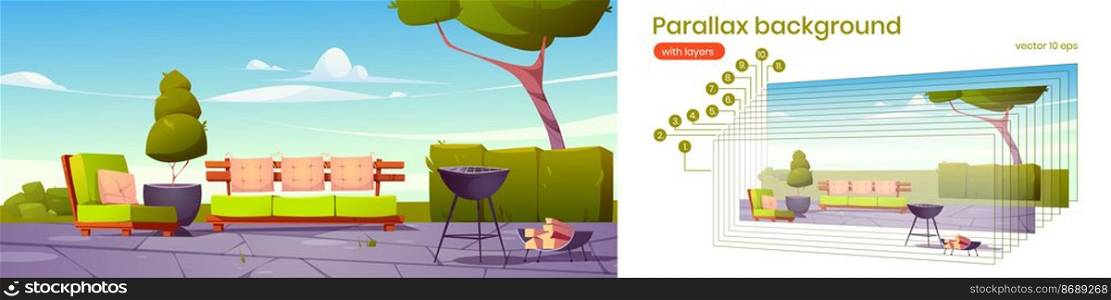 Parallax background patio, village cottage house courtyard, outdoor area with comfortable soft armchair, sofa, barbecue machine and woods separated layers for 2d game animation, Vector illustration. Parallax background patio, cottage house courtyard
