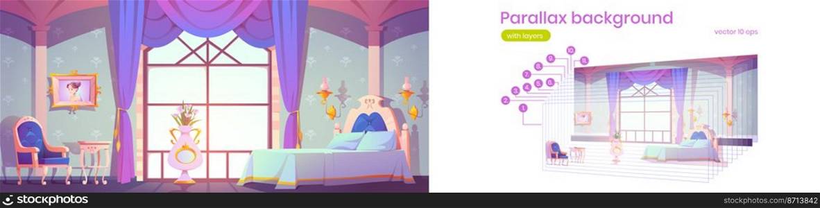 Parallax background princess royal bedroom for 2d game animation. Vintage room interior with elegant retro furniture, bed, cupboard, floral pattern wallpaper decor Vector illustration separated layers. Parallax background princess bedroom, 2d game