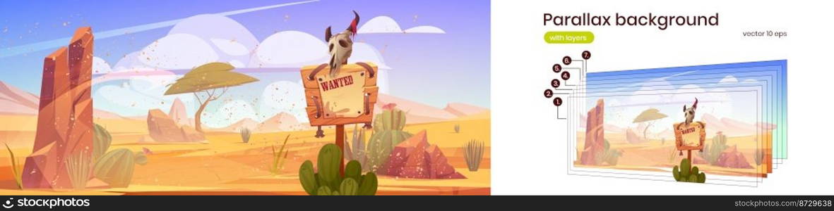 Parallax background sand storm in wild west desert landscape with wanted sign or banner, rocks, tree and cacti separated layers. Cartoon sidescroller template for western game, Vector illustration. Parallax background sand storm in wild west desert