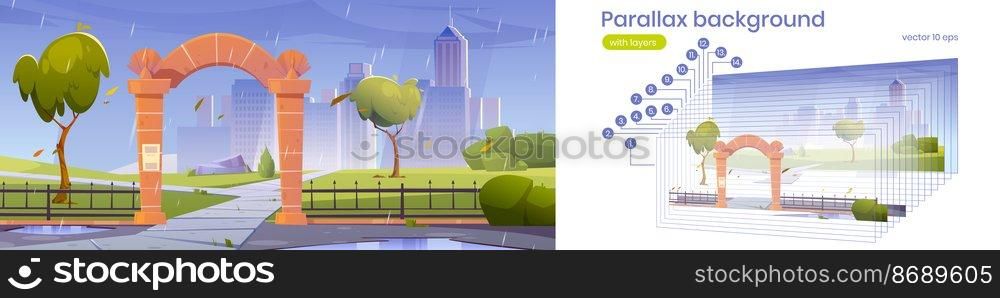 Parallax background stone arch gates, entrance to city park at rainy weather. 2d urban skyline with rain, pathway, fence, wet green trees on cityscape, layers for game animation, Vector illustration. Parallax background stone arch gates to city park