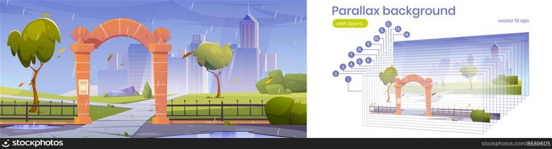 Parallax background stone arch gates, entrance to city park at rainy weather. 2d urban skyline with rain, pathway, fence, wet green trees on cityscape, layers for game animation, Vector illustration. Parallax background stone arch gates to city park