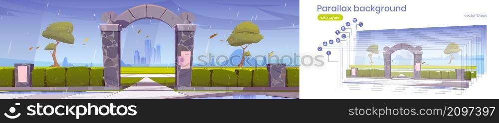 Parallax background stone gates, entrance to city park at rain. 2d urban skyline with rocky fence, green trees on cityscape with skyscrapers, separated layers for game animation, Vector illustration. Parallax background stone gates to city park 2d
