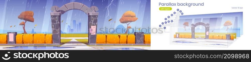 Parallax background stone gates to autumn city park at rainy weather. 2d urban skyline with hedge fence, yellow trees and bushes, skyscrapers separated layers for game animation, Vector illustration. Parallax background stone gate to autumn city park